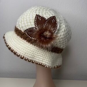 Chunky Knit‎ Cloche Beanie Hat with Flower Embellishment White Brown Cozy Winter